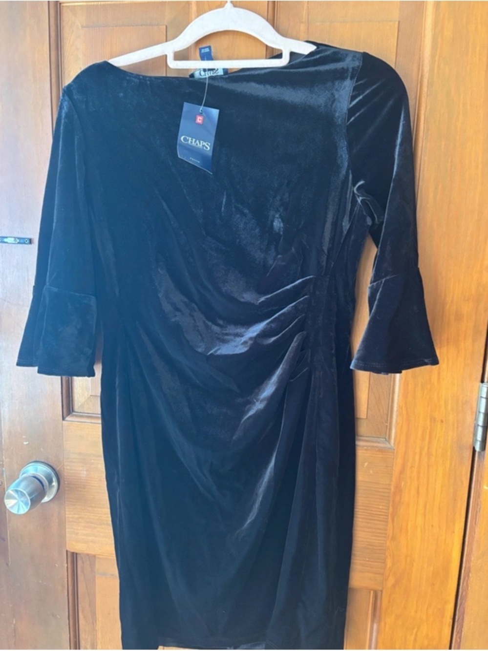 NWT Chaps Black Velvet Ruched Sheath Dress with Bell Sleeves - Picture 6 of 6